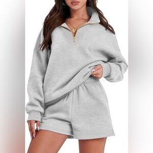 NWOT - Oversized Quarter Zip Collared Sweatshirt Shorts Lounge Set - Size…